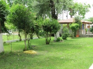 Un patio trasero con una casa pequeña, un jardín y una manguera sobre el césped.