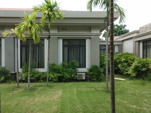 Un edificio moderno con techo plano, ventanas amplias y un césped cuidado con palmeras.