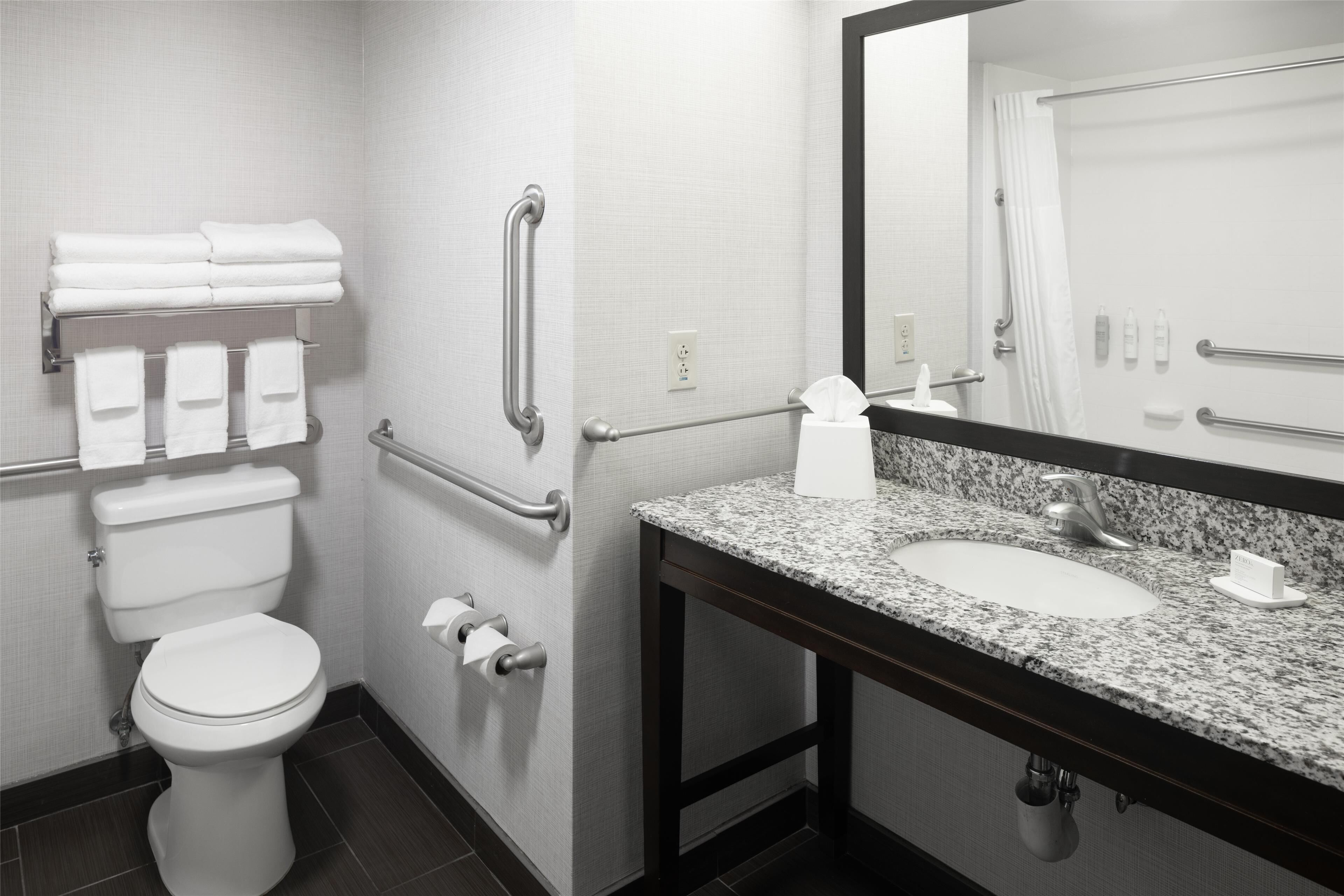 Une salle de bain équipée de toilettes, de barres d’appui, d’un lavabo et d’un miroir.