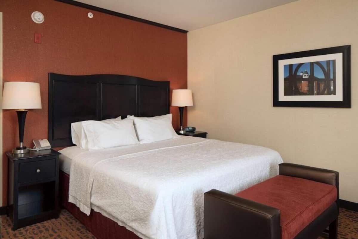 A hotel room with a large bed, two bedside tables with lamps, a chair, and a framed picture on the wall.