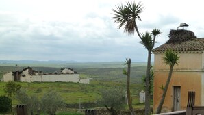Mesa preparada para comer con vista a un paisaje rural, que incluye un edificio y palmeras.