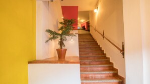 Una escalera con una planta en maceta, una pared de acento roja y una barandilla.