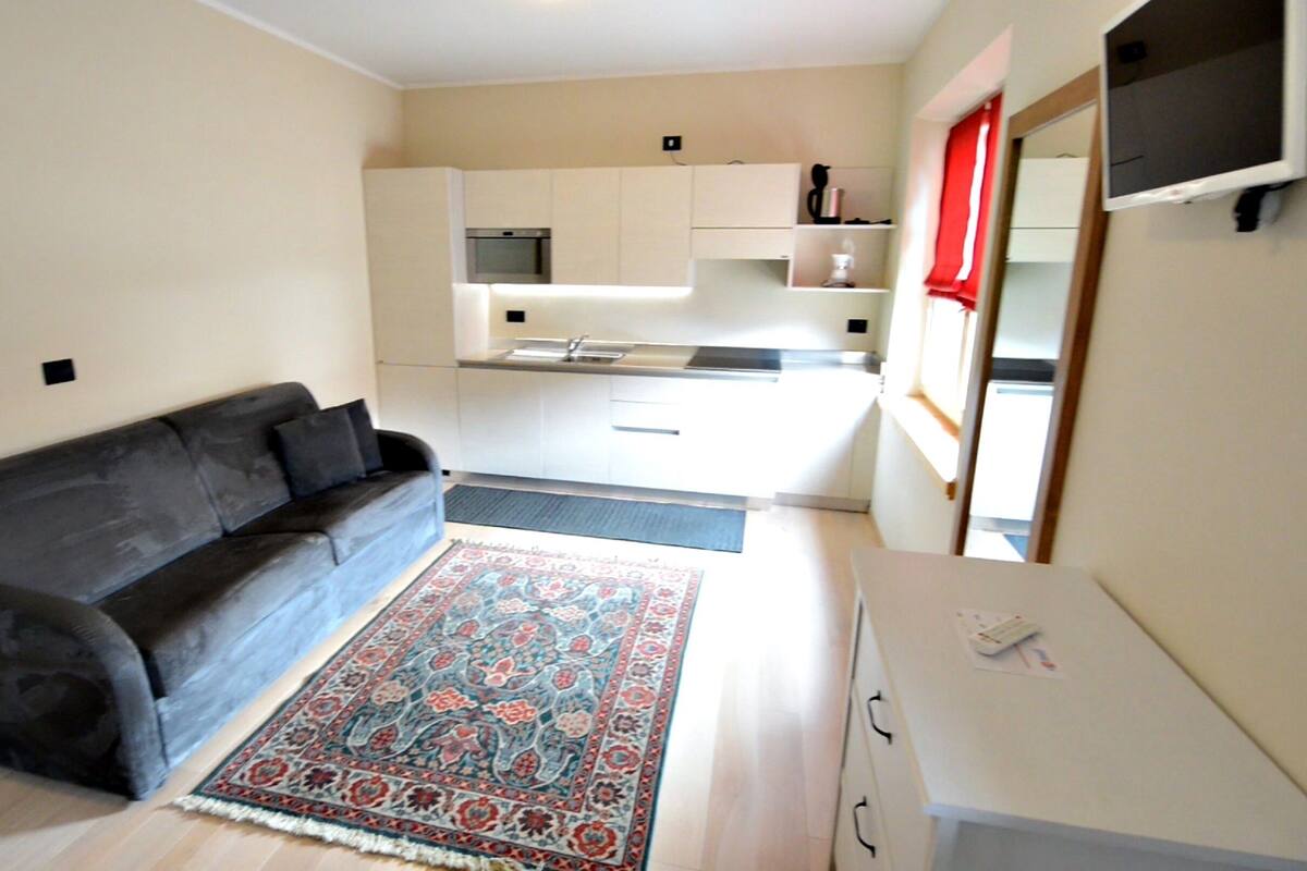 Un espacio habitable compacto con un sofá negro, una alfombra estampada, una kitchenette y un escritorio pequeño blanco.