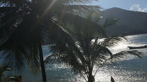 A beach with palm trees, a wooden bench, and a swing set. - Pousada Portal do Sol (Angra dos Reis)