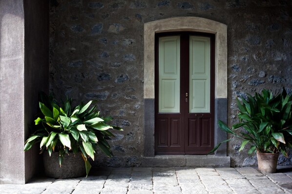 A stone building with a double door, two potted plants, and a cobblestone ground.