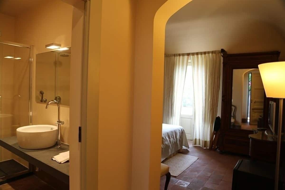 Un baño de hotel con un lavamanos grande, un espejo y una ducha.