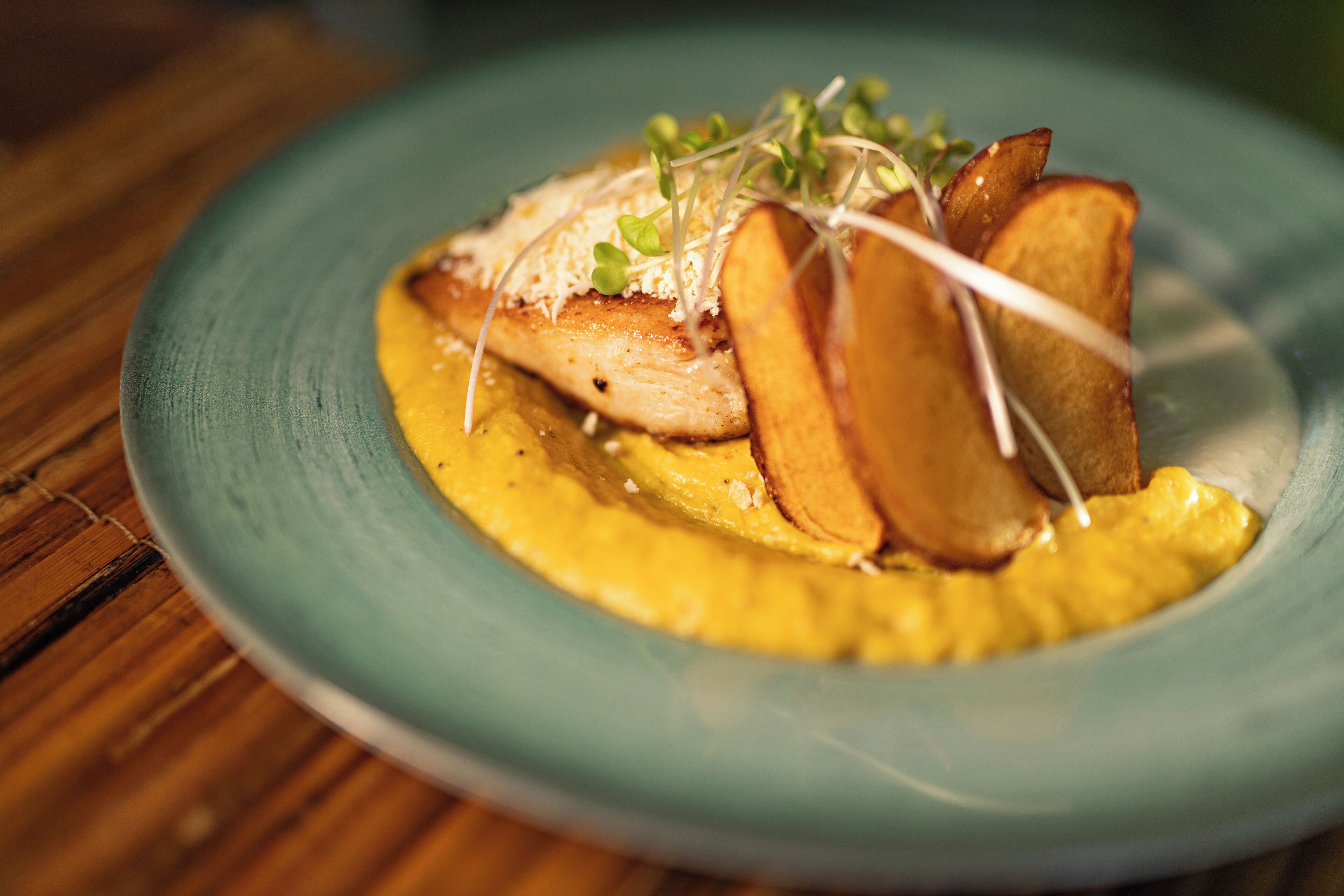 A plate of food with a piece of chicken, potato slices, and a yellow sauce.