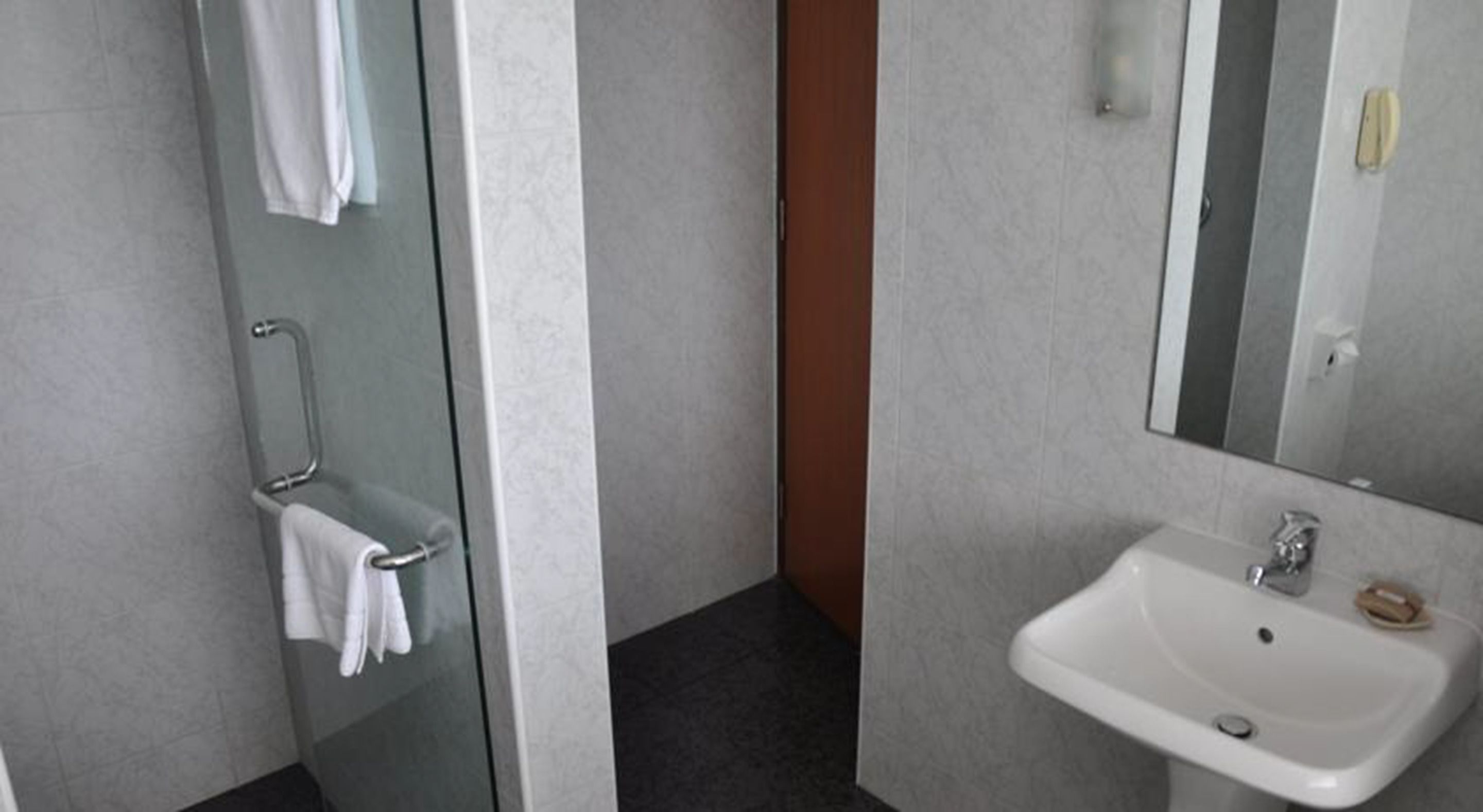 A modern bathroom with a glass shower enclosure, a white sink, and a mirror.