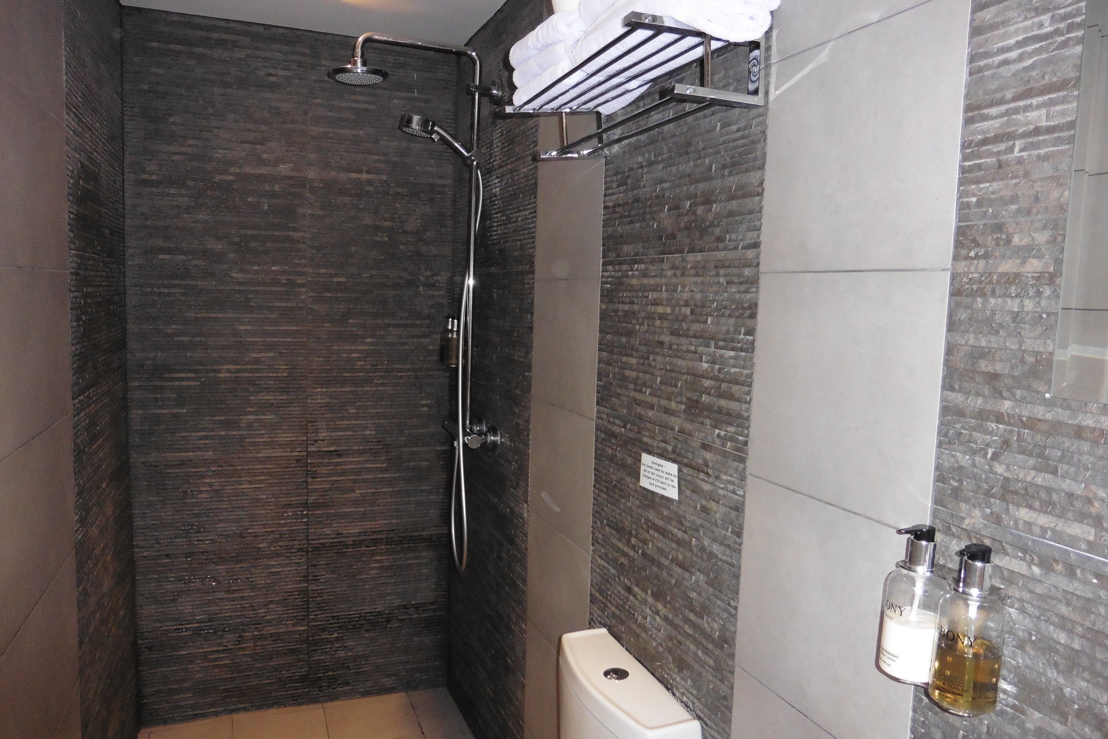 A modern bathroom with a dark brick wall, a shower with a handheld showerhead, and a toilet. There are two bottles of toiletries on the wall.
