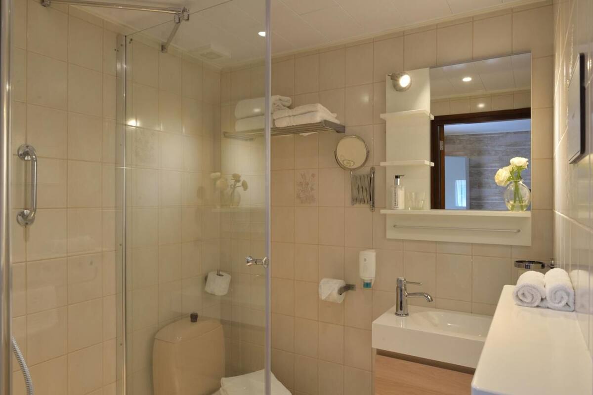 deluxe double room, garden view | bathroom | shower, free toiletries, hair dryer, towels