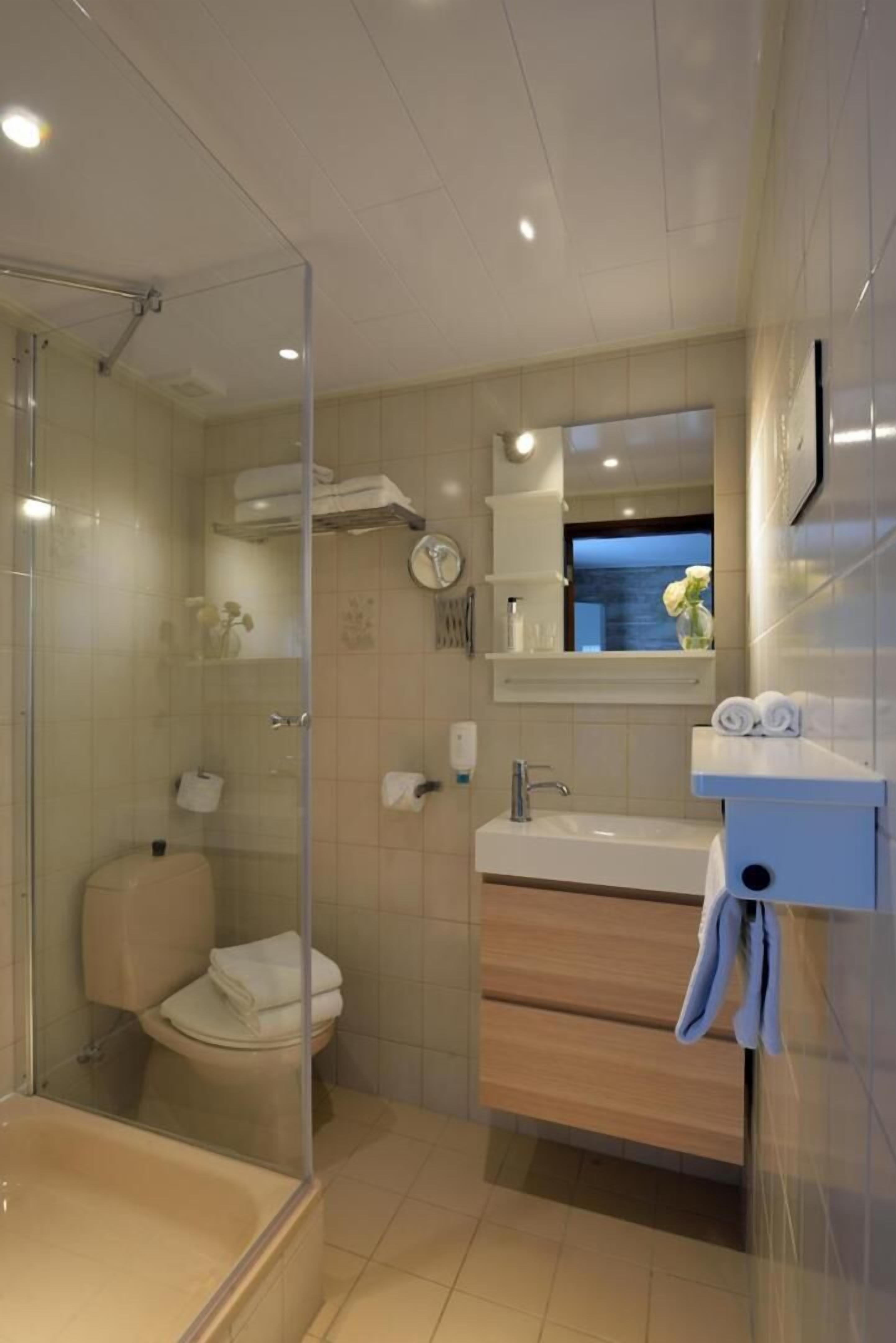 deluxe double room, garden view | bathroom | shower, free toiletries, hair dryer, towels