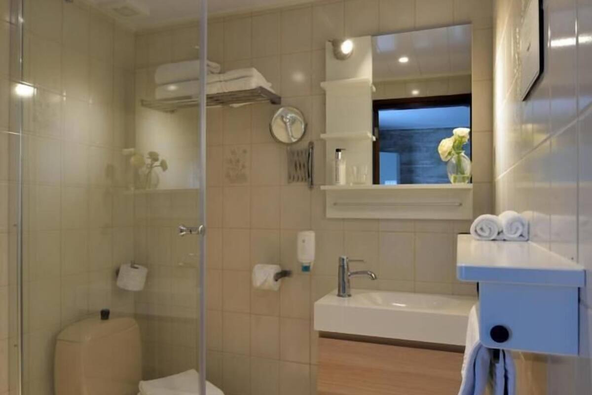 deluxe double room, garden view | bathroom | shower, free toiletries, hair dryer, towels