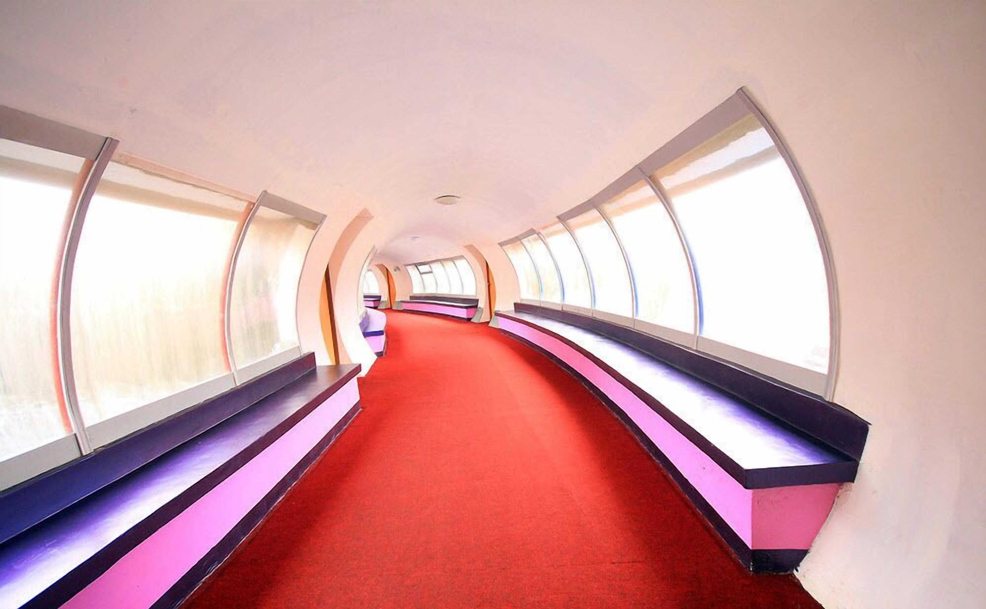 A corridor with curved benches and large windows.