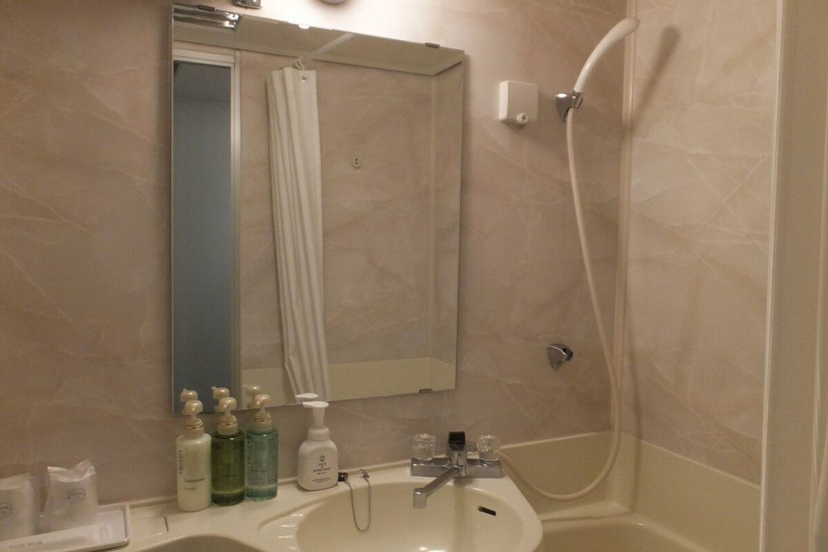 combined shower/bathtub, deep-soaking bathtub, free toiletries