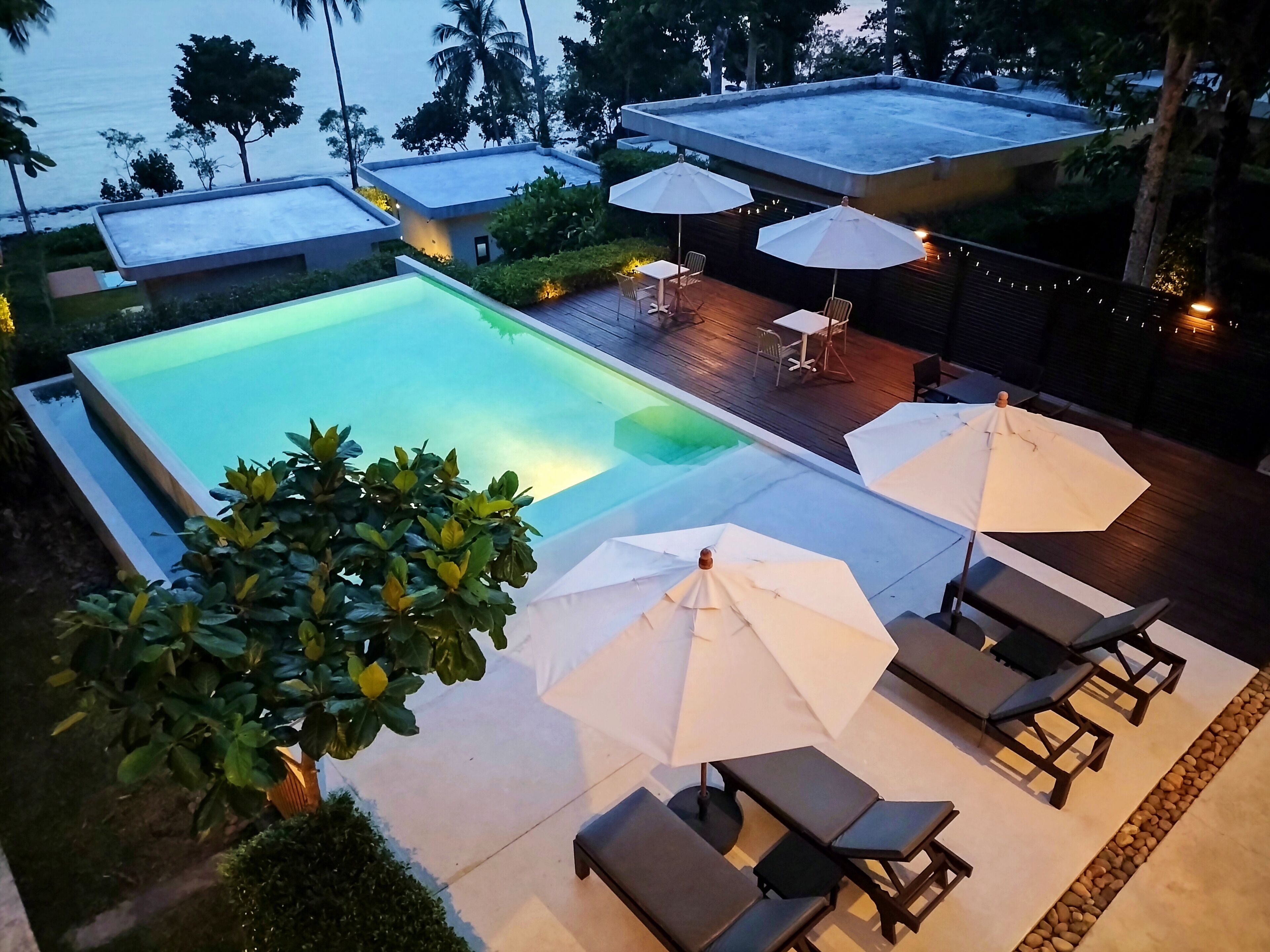 A rooftop pool area with lounge chairs and umbrellas, surrounded by greenery and overlooking a body of water.
