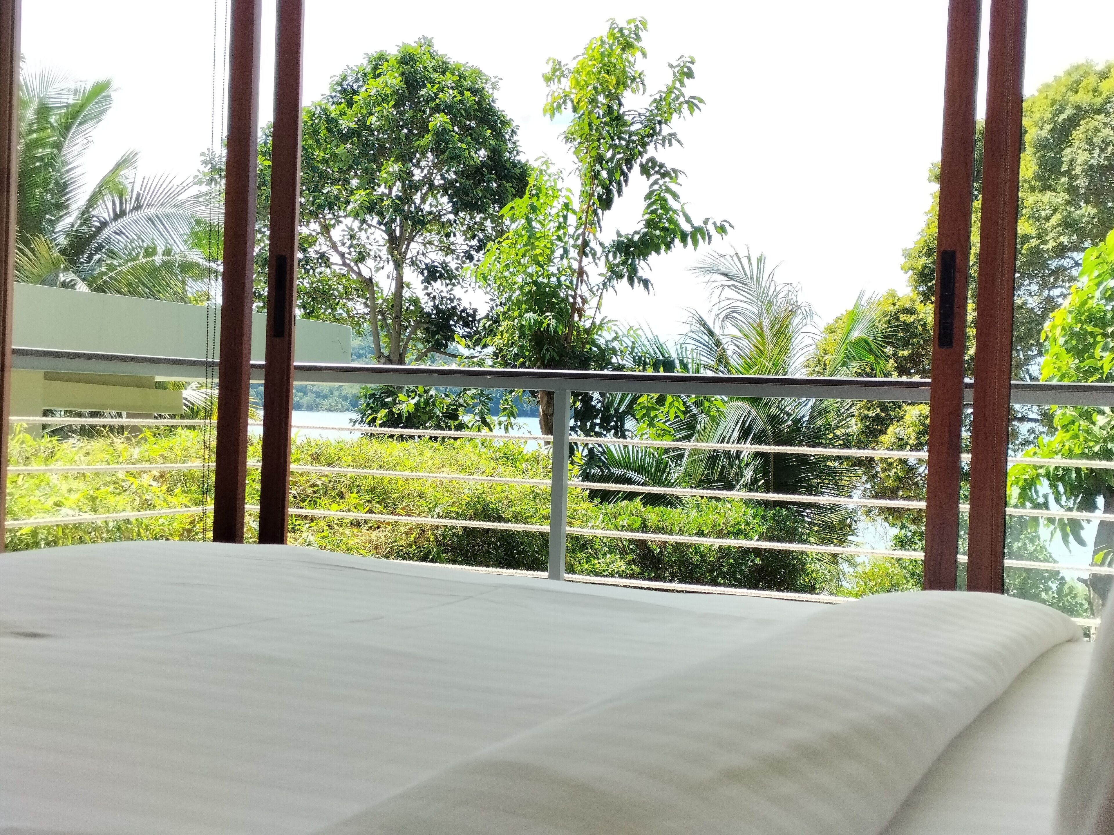 A room with a bed, a view of greenery and trees, and a railing.