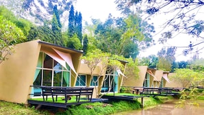 A row of modern, beige-colored cabins with large windows, surrounded by lush greenery and a calm water body.