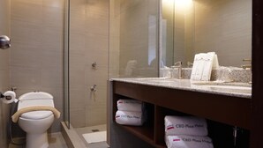 Un baño con inodoro, ducha y lavamanos. Hay toallas y artículos de aseo en la encimera.