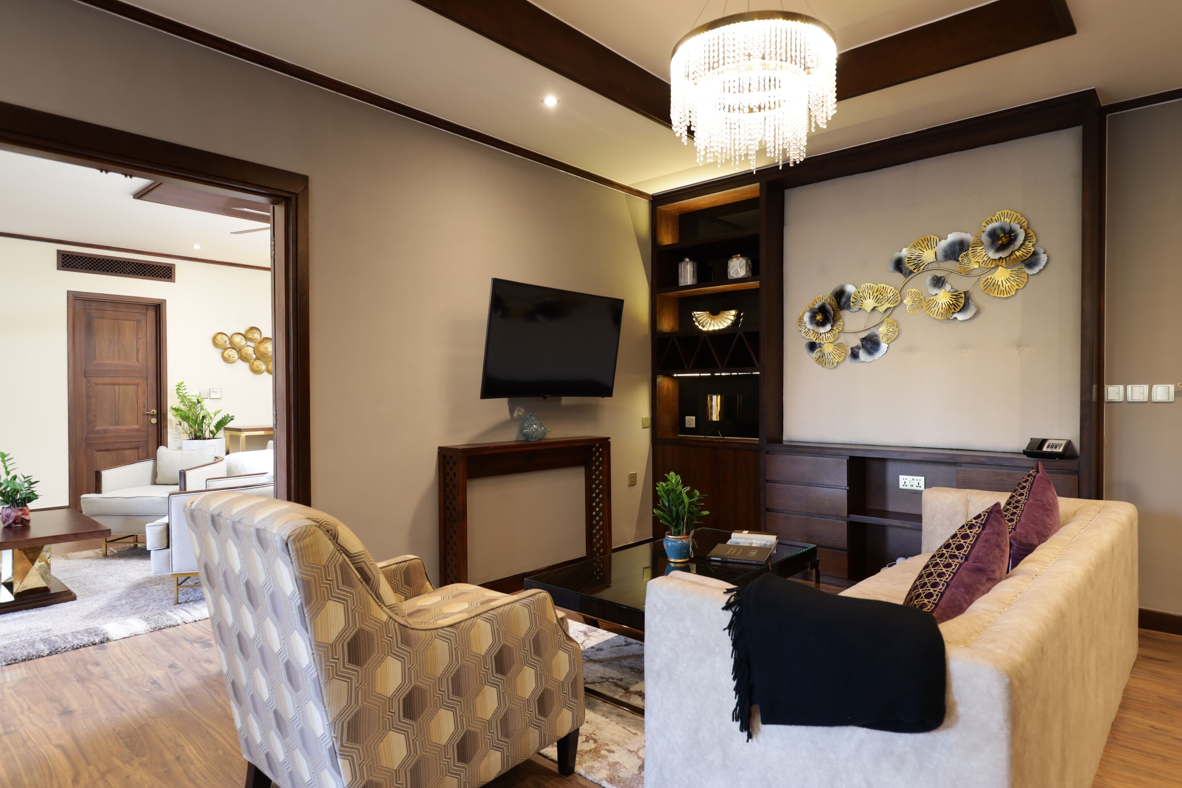 presidential suite | living area | 40-inch led tv with cable channels, tv, fireplace