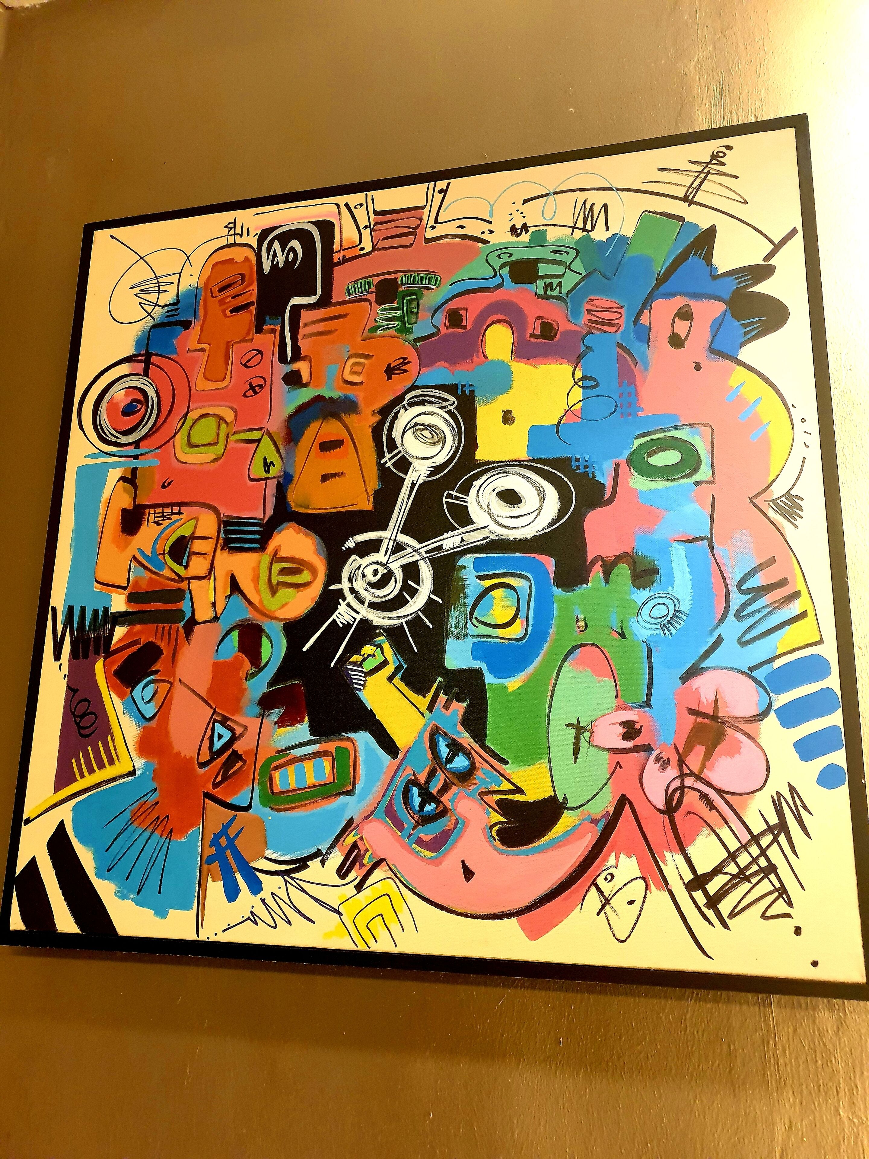 Une peinture abstraite aux couleurs vives, avec une horloge au centre, entourée de diverses formes et de différents symboles.