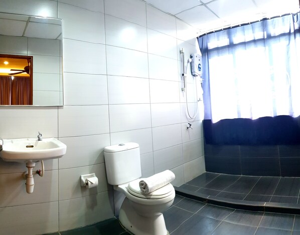 A bathroom with a white sink, toilet, and shower.