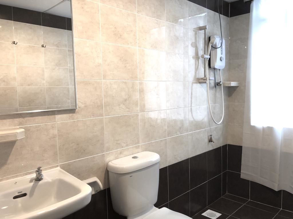 Une salle de bain avec un lavabo, des toilettes et une douche.