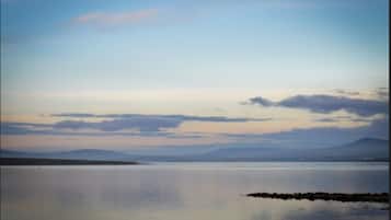 A calm lake with a distant mountain range and a clear sky.