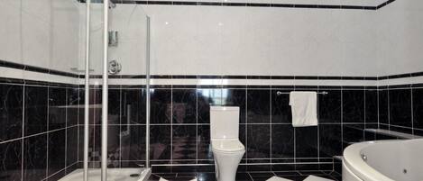 A bathroom with a black and white checkered floor, a glass shower enclosure, a toilet, and a bathtub.