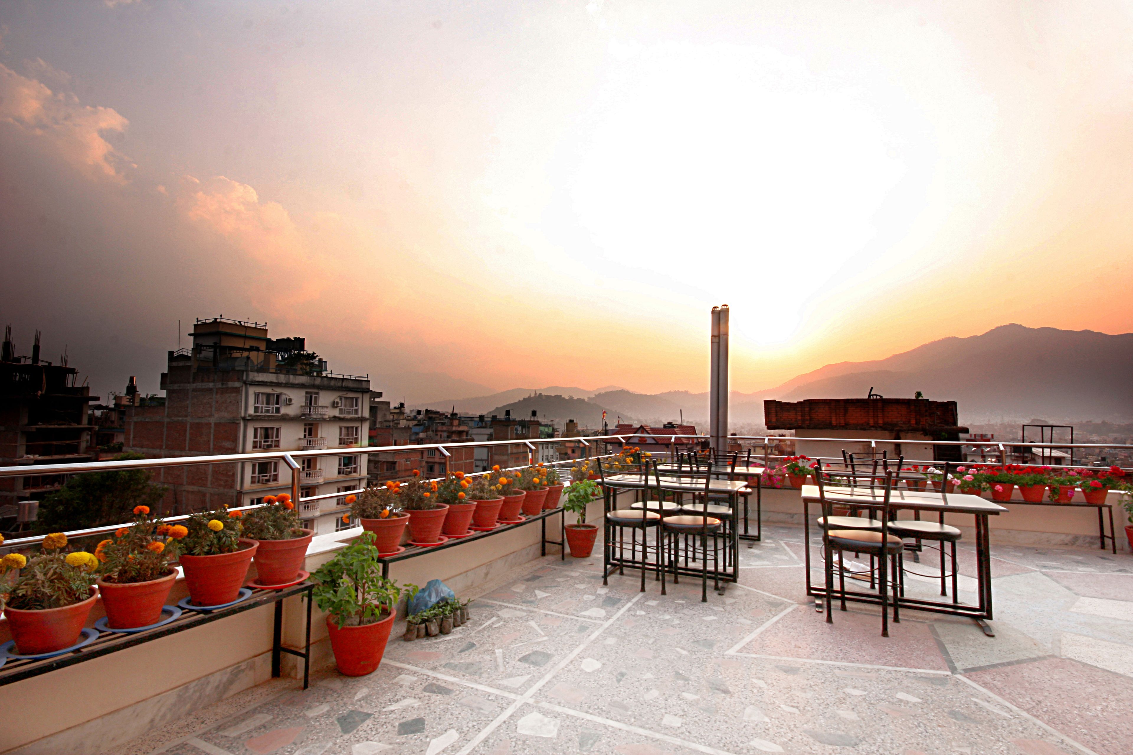 A rooftop terrace with potted plants, outdoor seating, and a view of the cityscape at sunset.