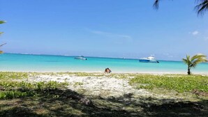 Ein Strand mit klarem türkisblauem Wasser, einigen Booten und einer Palme.