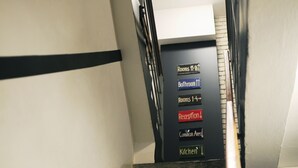 Una escalera con señales direccionales que indican habitaciones, un baño, recepción, un área común y una cocina.