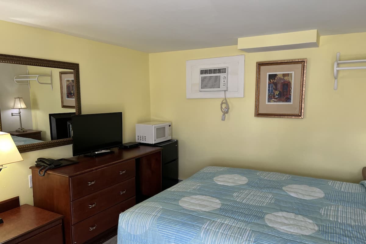 A hotel room with a bed, a desk with a computer and phone, a microwave, a dresser, a mirror, and two framed pictures on the wall.