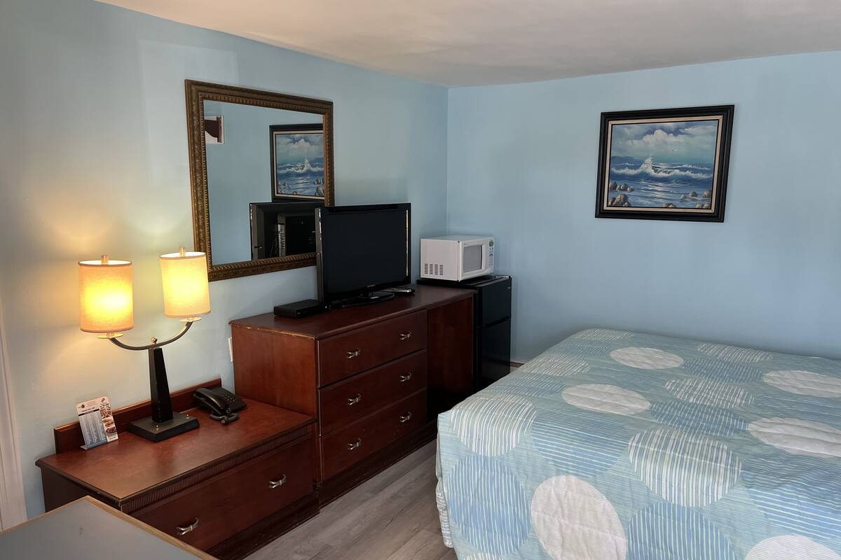 A hotel room with a bed, a dresser, a television, a microwave, and a mirror.