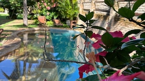 Una piscina rodeada de abundante vegetación y un edificio de piedra.