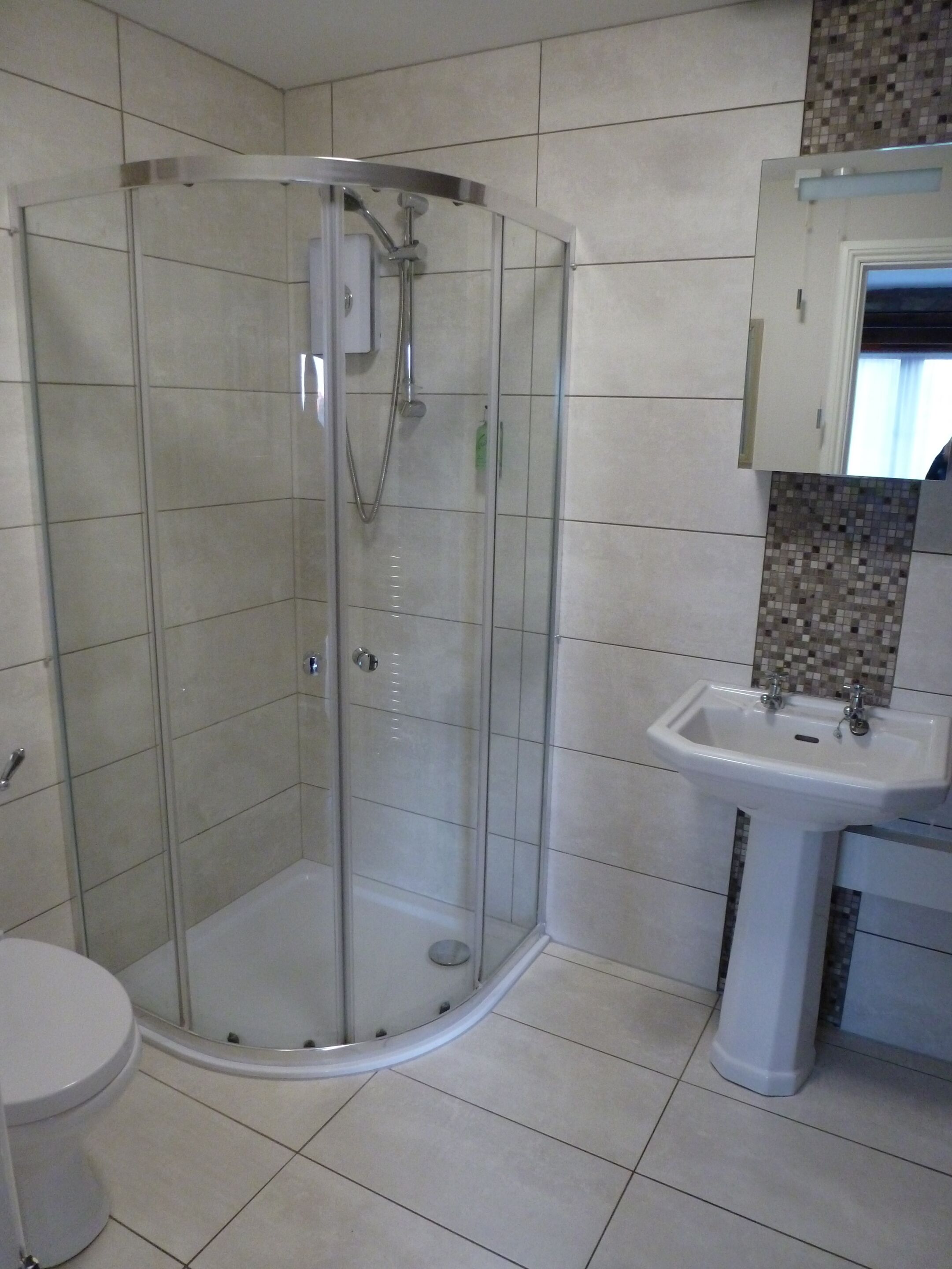 A bathroom with a glass-enclosed shower, a white sink, and a toilet.