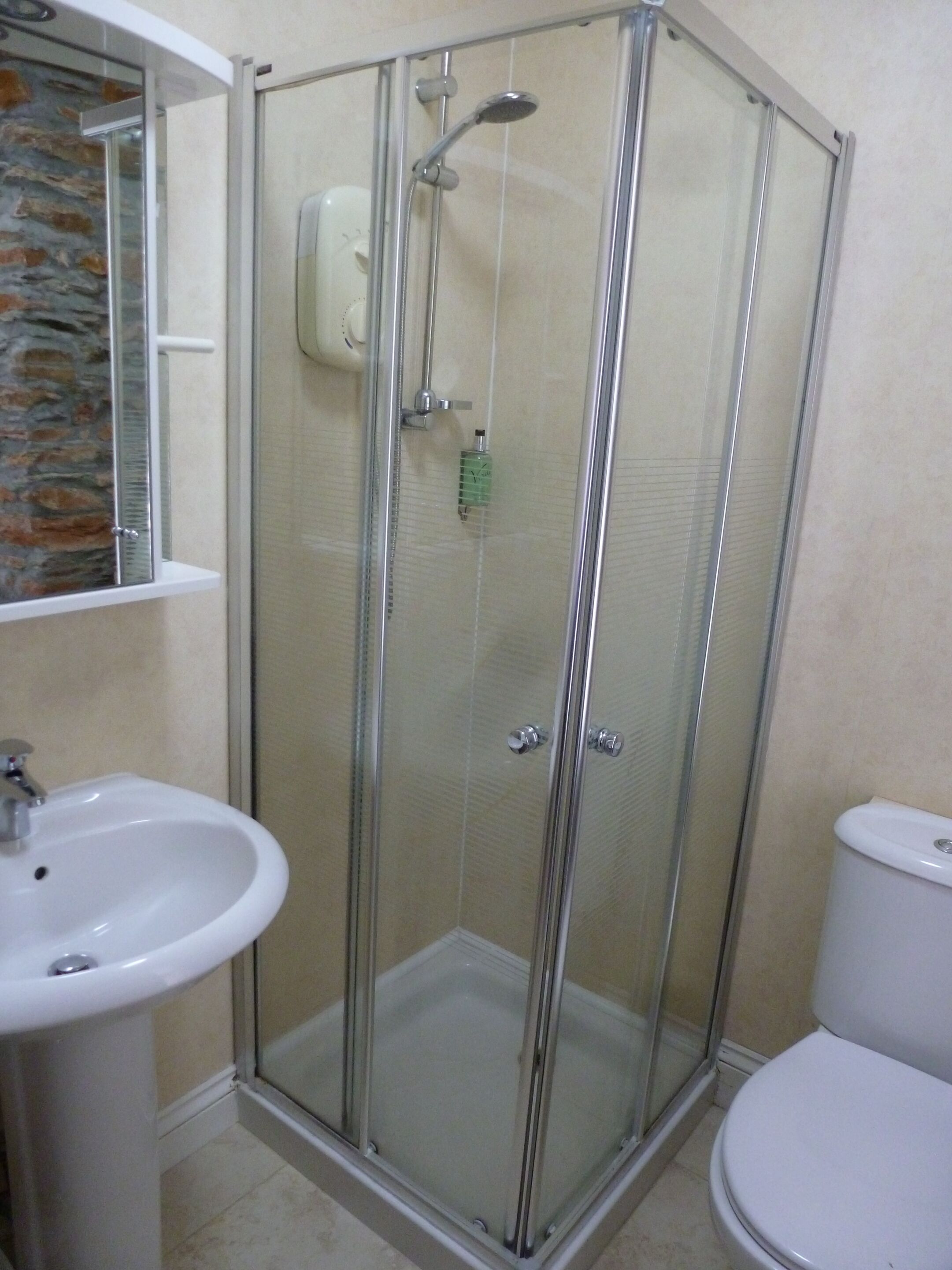 A glass-enclosed shower with a handheld showerhead, a white sink, and a toilet.