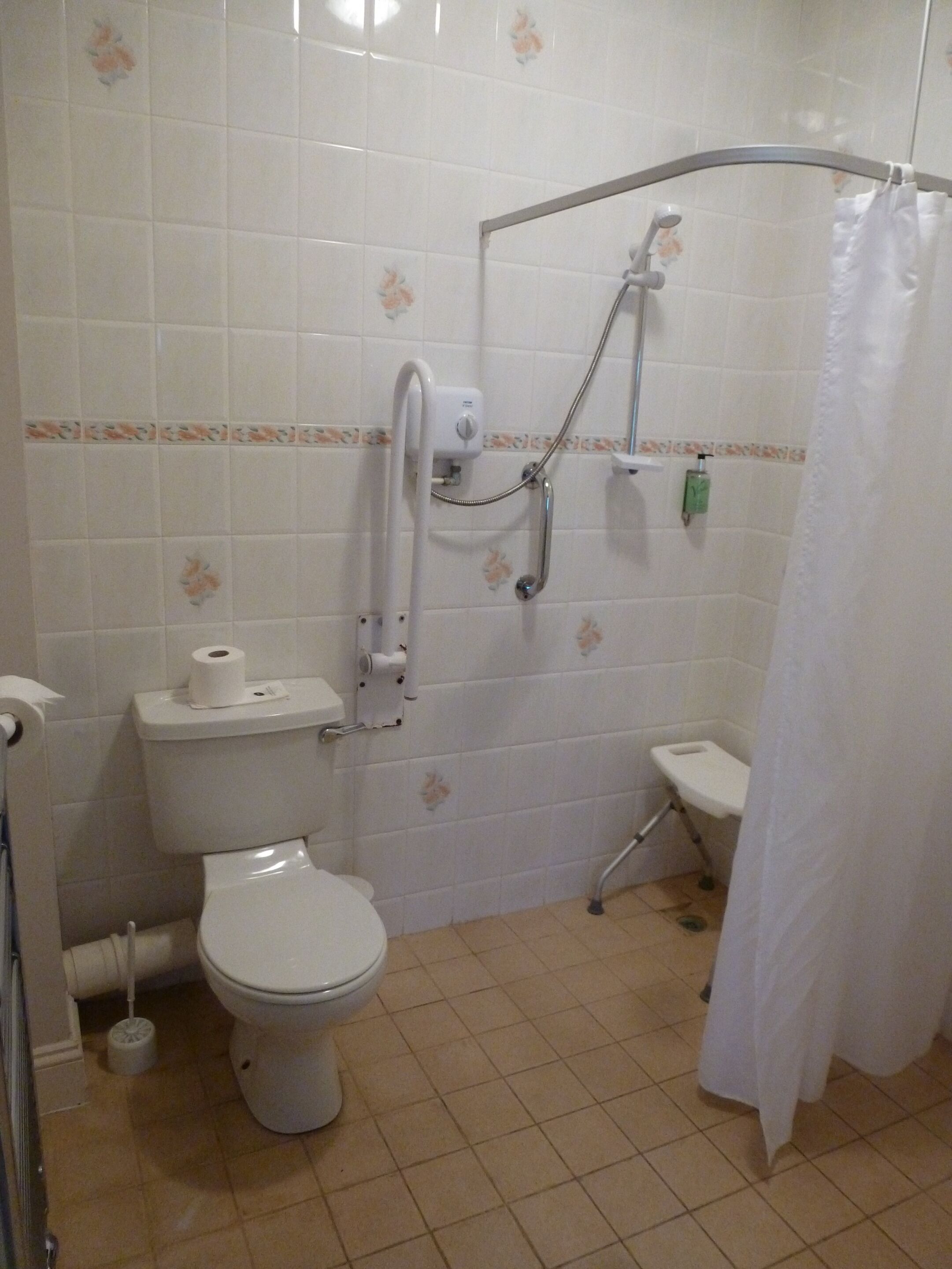 Une salle de bain comprenant des toilettes, une douche équipée d’une barre d’appui et un petit lavabo.