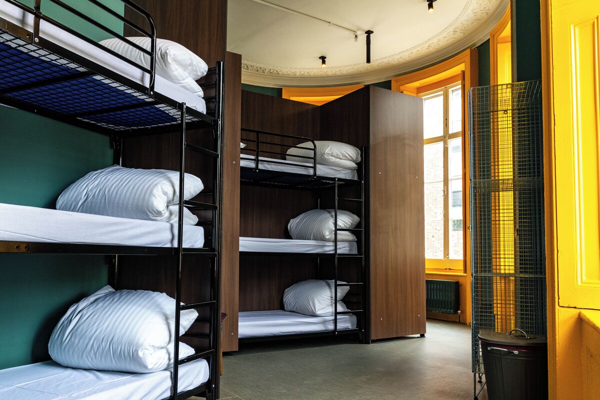 A dormitory room with bunk beds, a trash bin, and a window with yellow walls.