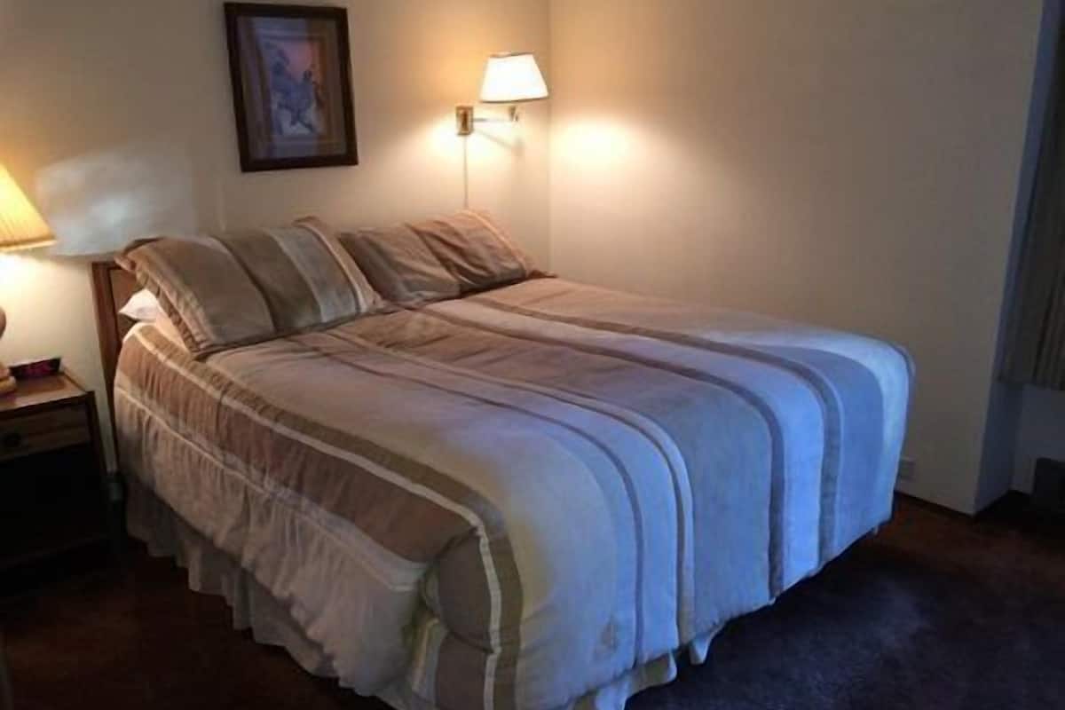 A neatly made bed with a striped bedspread and pillows, a bedside lamp, and a framed picture on the wall.