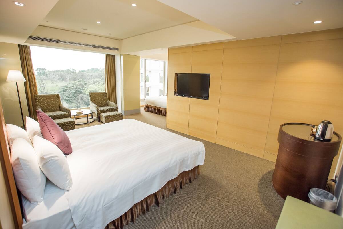 A hotel room with a large bed, a TV mounted on the wall, a coffee machine, and a view of the outdoors.