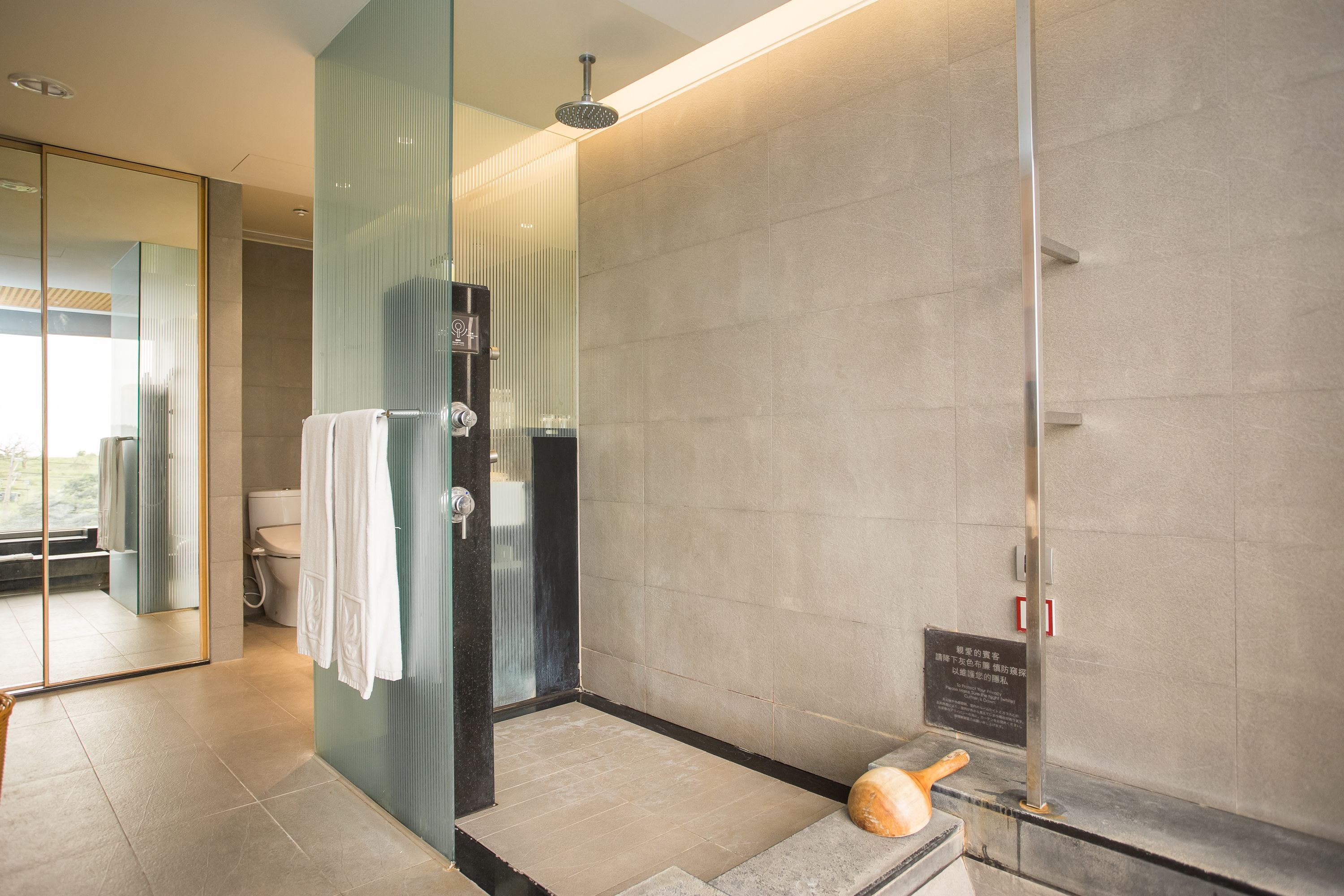 A modern bathroom with a glass shower enclosure, a visible toilet, and a towel rack.