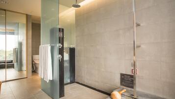 A modern bathroom with a glass shower enclosure, a visible toilet, and a towel rack.