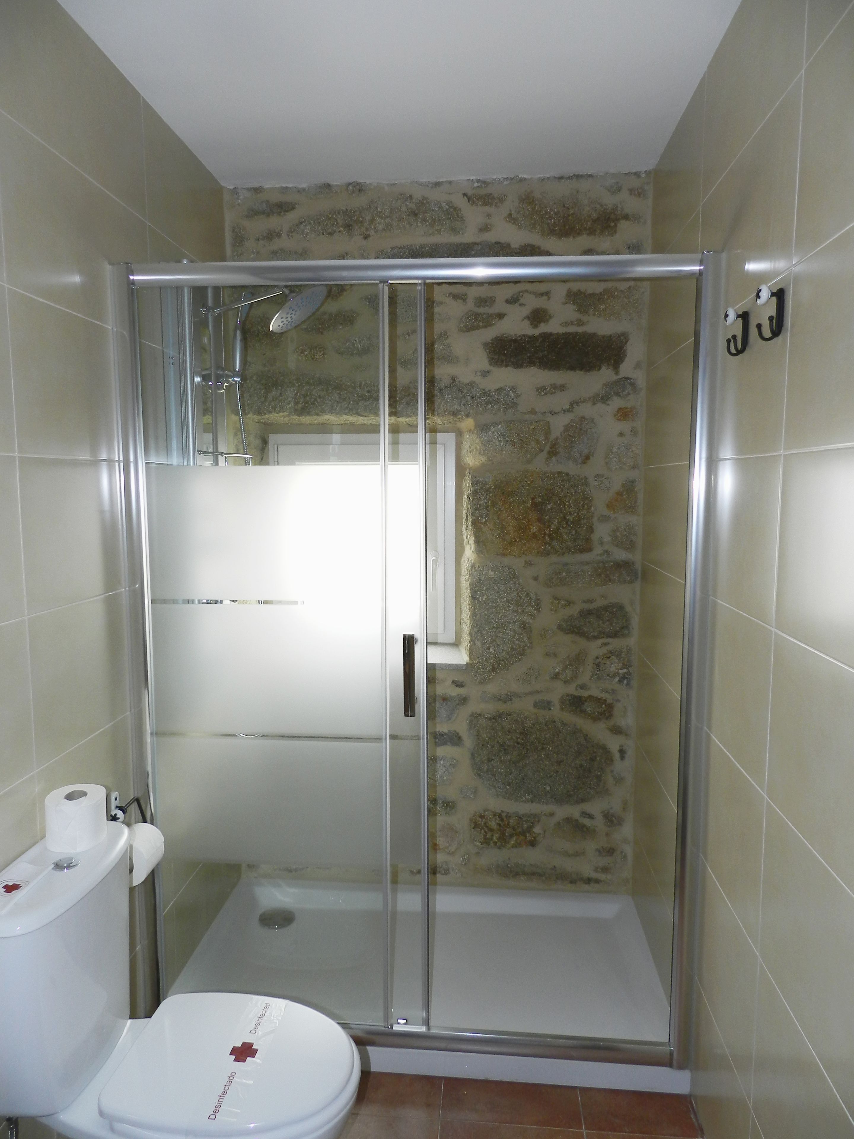Une salle de bain avec une douche à parois de verre, des toilettes et un mur en pierre.