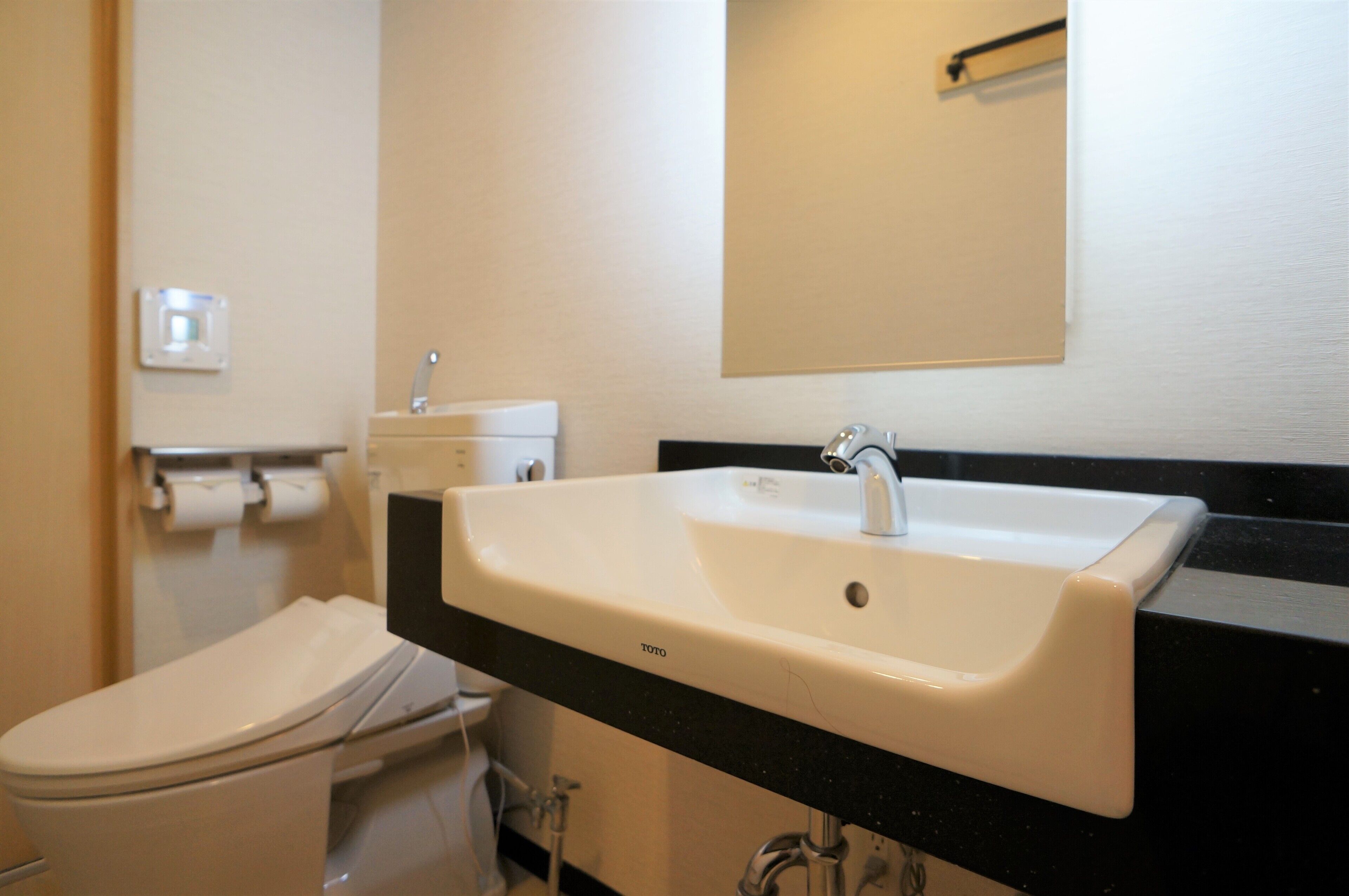 A bathroom with a white sink, black countertop, and a mirror above the sink.