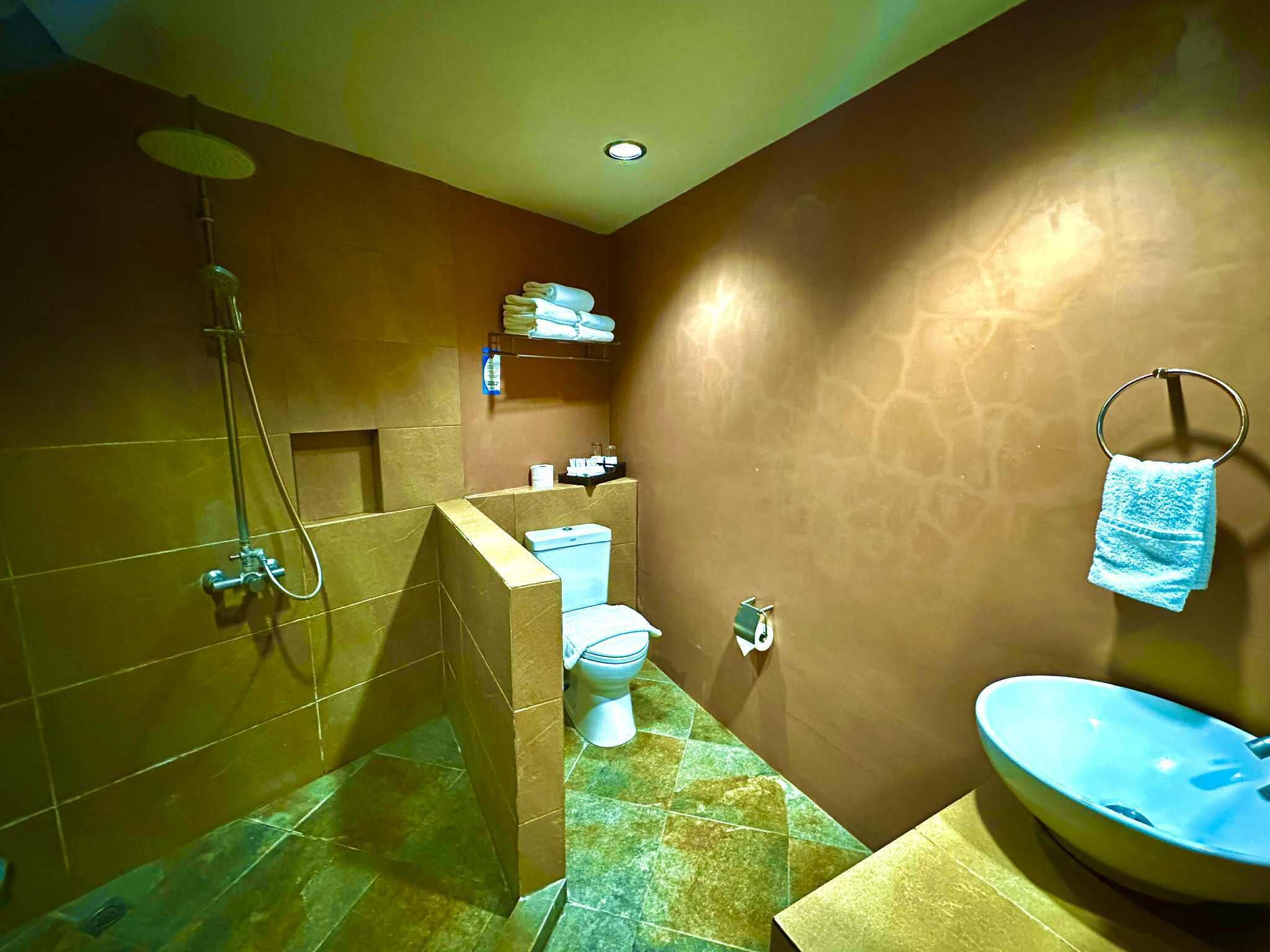Un baño con ducha, inodoro, lavabo y toallero.