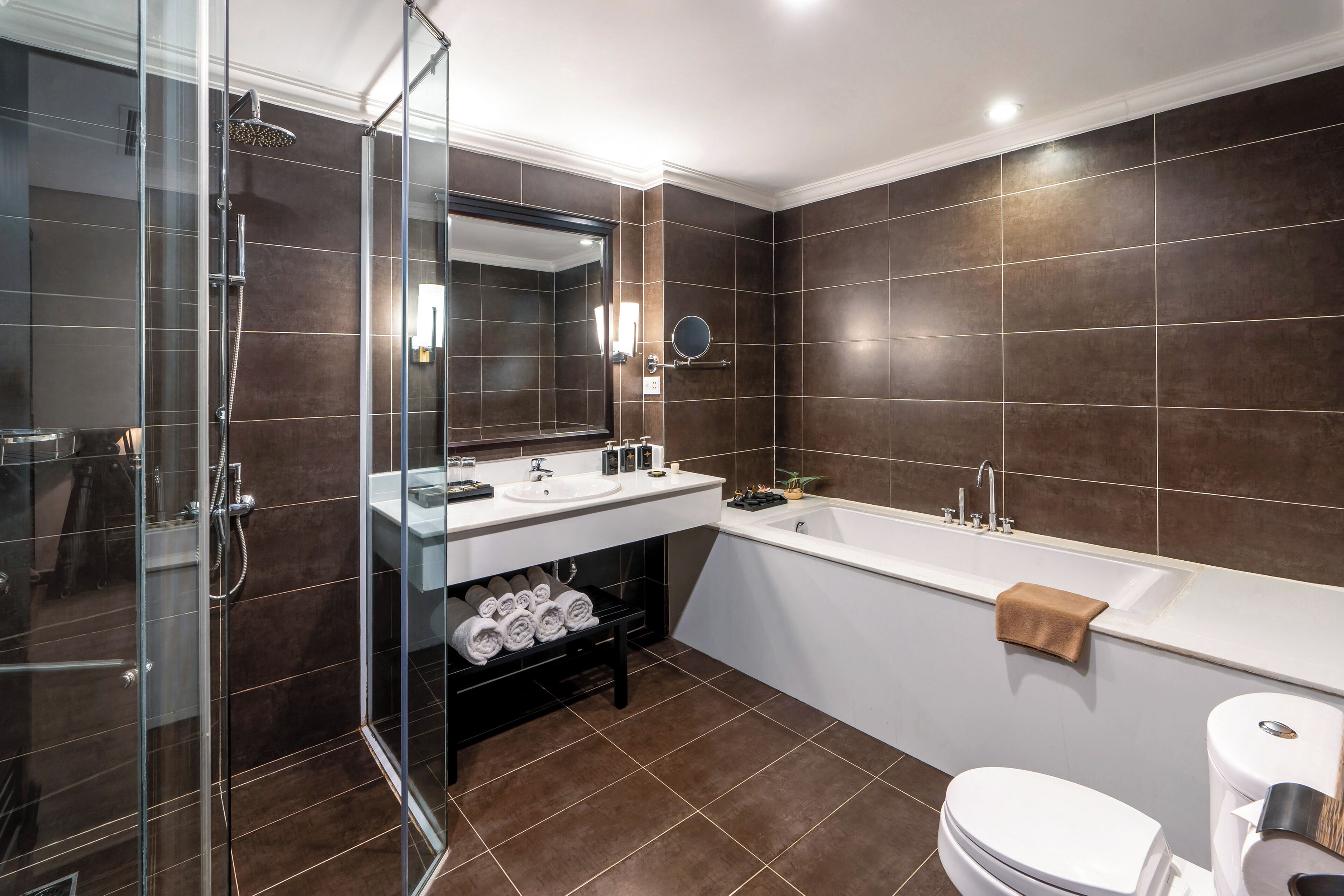 A modern bathroom with a glass-enclosed shower, a white sink, a bathtub, and a toilet.
