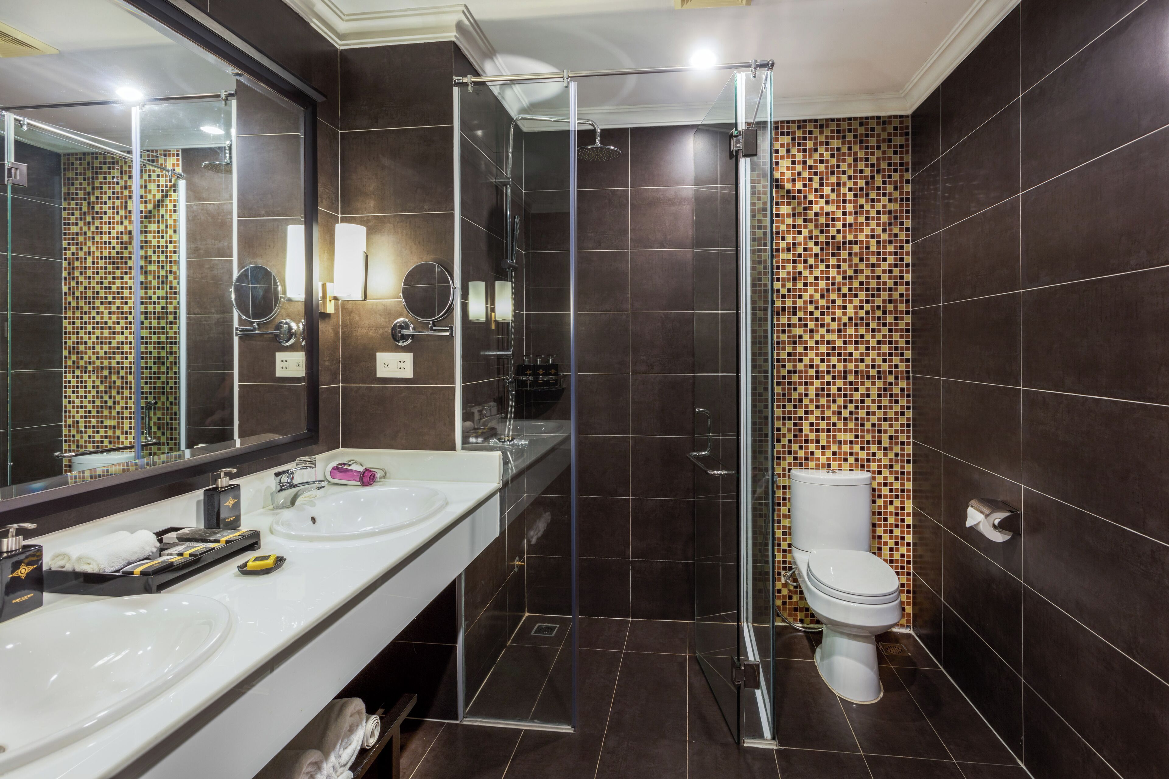 A modern bathroom with a glass-enclosed shower, a large mirror, two sinks, and a toilet.