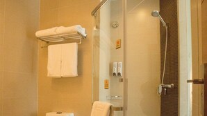Een badkamer met toilet, een douche met glazen wand en een handdoekhouder.