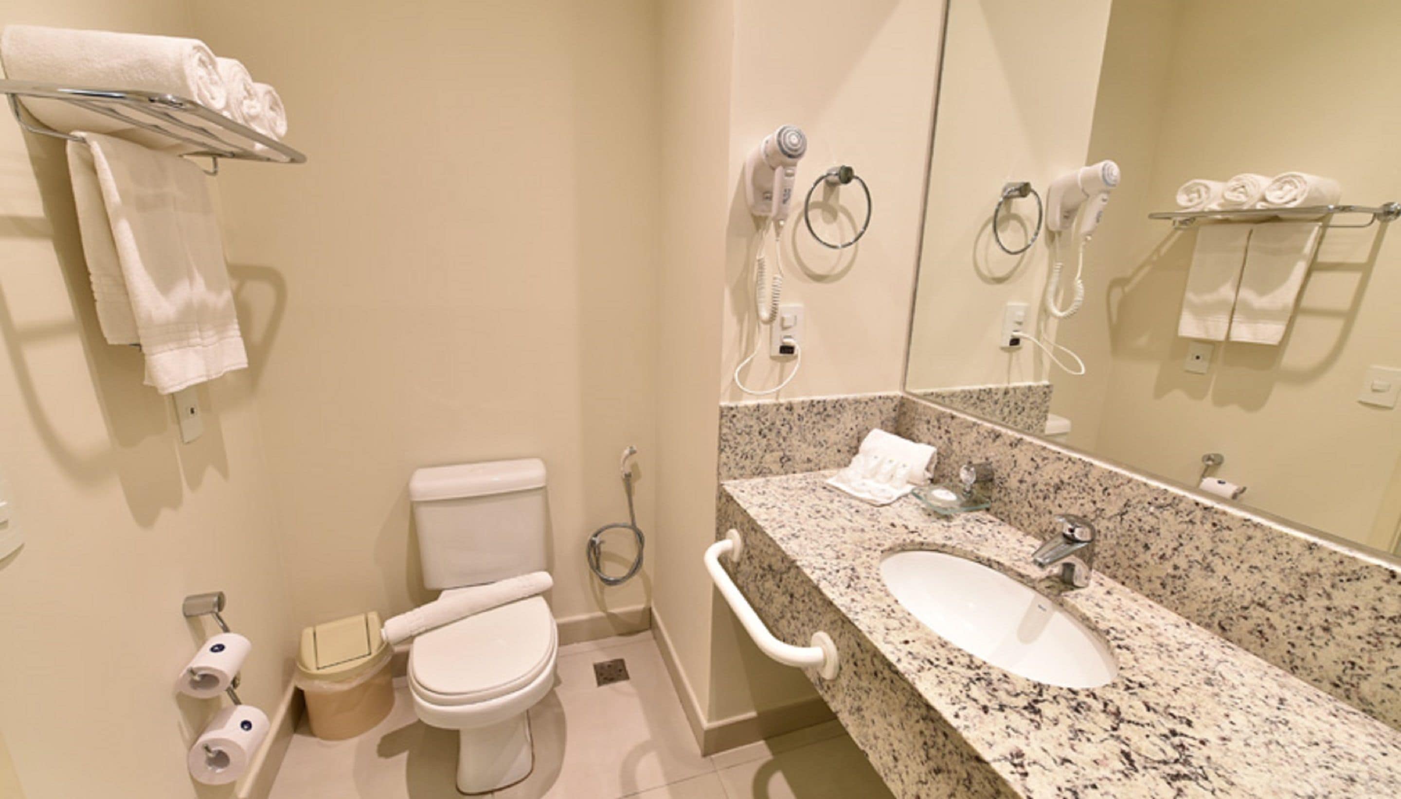 deluxe room | bathroom | shower, hair dryer, towels