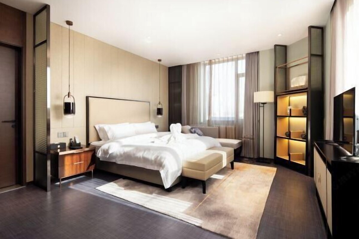 Habitación de hotel moderna con una cama grande, una mesita de noche, un televisor y un armario.